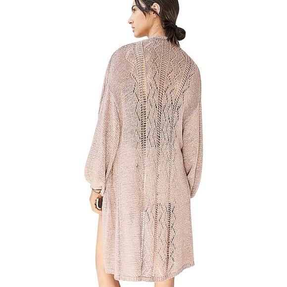 Anthropologie tan Crochet Duster Cardigan Sweater boho cotton open front - Picture 7 of 9